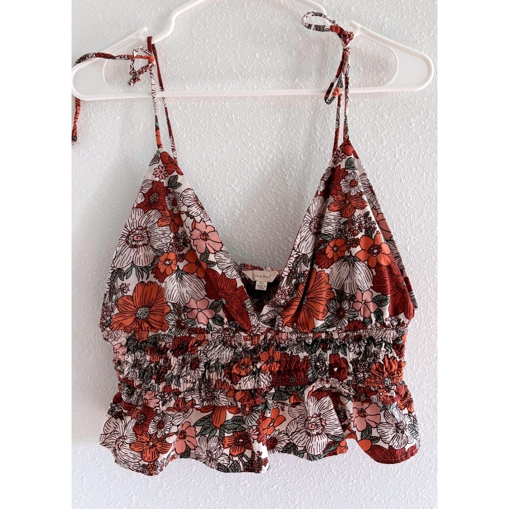 Sim & Sam Top Womens XL Pink Cropped Tie‎ Festival Floral Boho Beachy Tropical